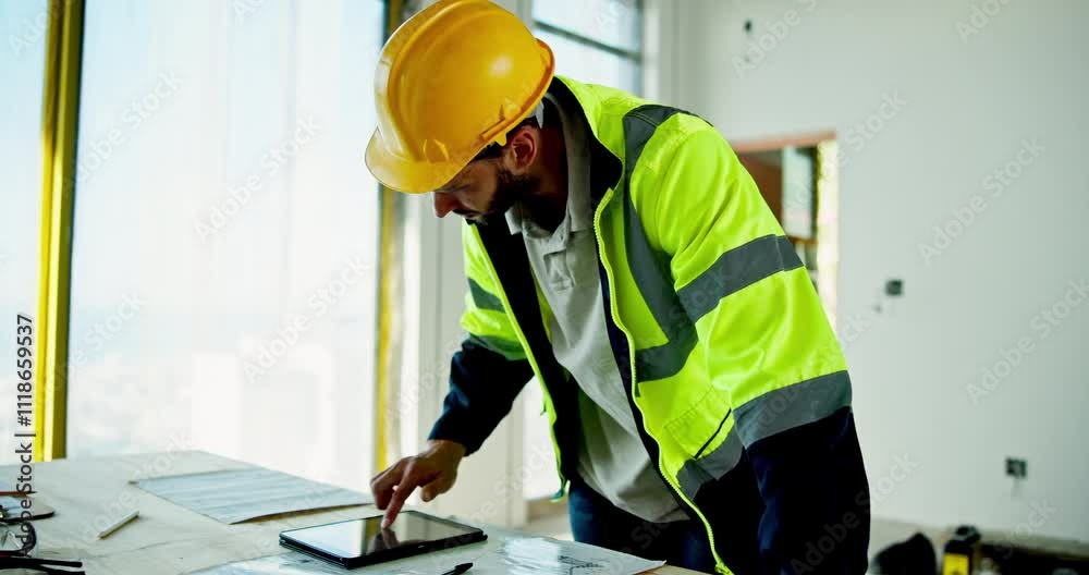 Poster Man, engineer and scroll on tablet with architecture schedule, review blueprint and floor plan of construction. Male person, digital and documents with renovation design, information and maintenance