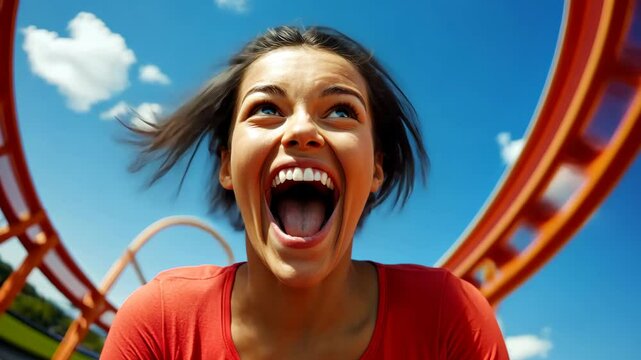 Brunette woman screaming on rollercoaster