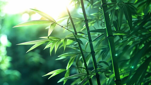 Lush bamboo forest with vibrant green leaves illuminated by soft sunlight in a serene setting
