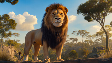 Lion stands in the grass in front of a tree. The lion is looking at the camera with a smile on its...