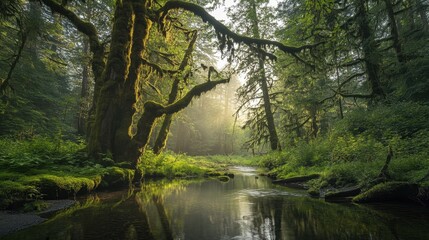 Fototapeta premium Mystical forest with tranquil creek and sunlight