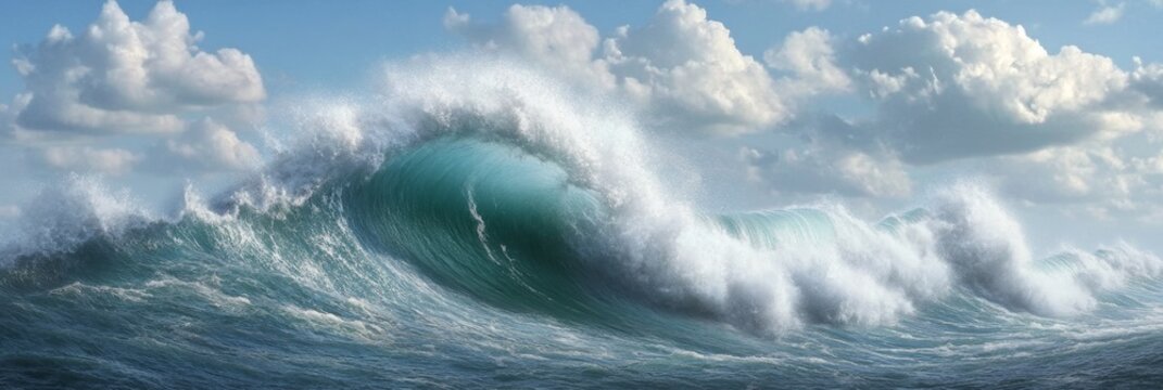 Powerful ocean waves crashing under a cloudy blue sky
