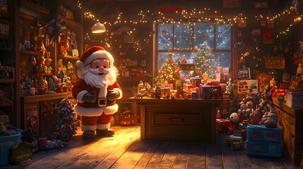A Santa Claus workshop with toys being wrapped and glowing lights