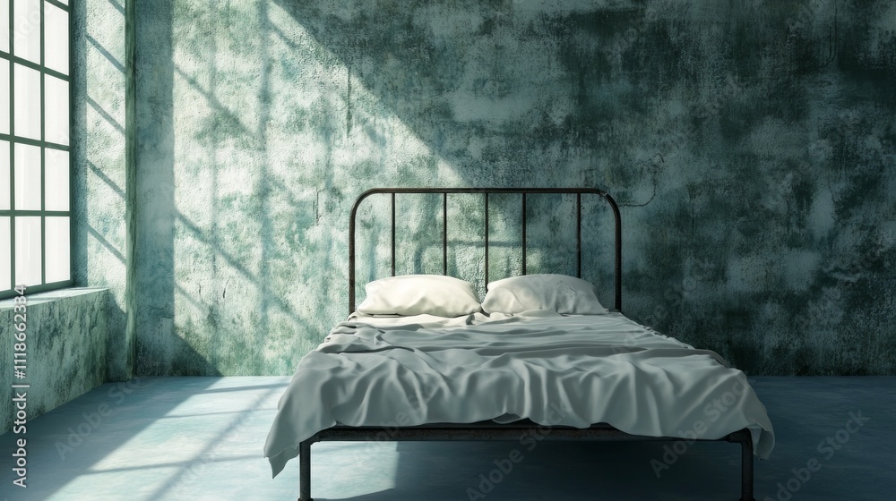 Poster A tranquil space features an empty bed with rumpled white sheets, illuminated by soft sunlight filtering through a spacious window. Textured green walls enhance the calm ambiance