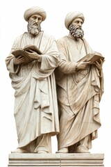 Fototapeta premium Stone statues, scholars, books, robed figures.