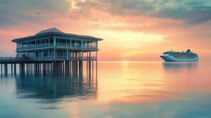 Serene sunset waterfront with cruise ship and pier