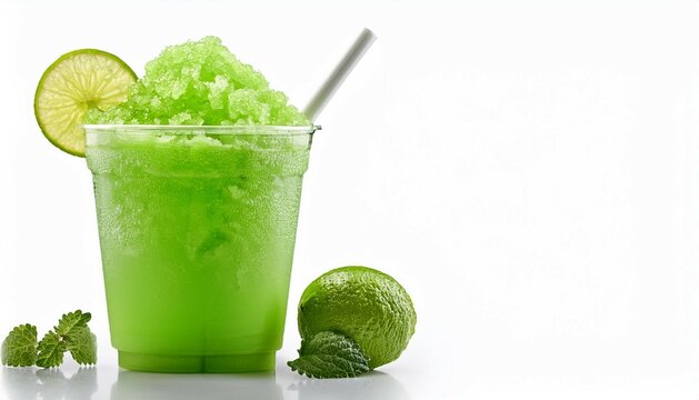 green slushie in a clear cup with a lime slice perfect for a refreshing summer drink isolated on white background with clipping path