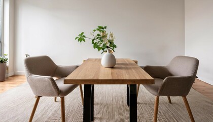 a modern minimalist living room with a table and chairs the table is surrounded by two chairs and a vase with a plant on it is placed on the table the room has a light color scheme and a clean