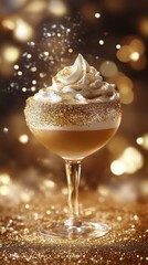 Golden cocktail served in elegant glass with whipped cream and festive bokeh background