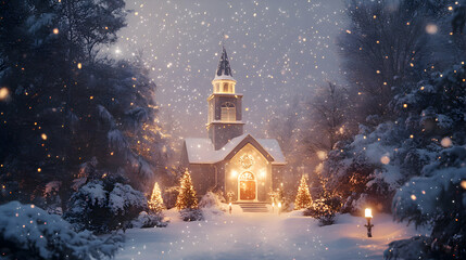 Fototapeta premium A snowy Christmas church illuminated by candlelight