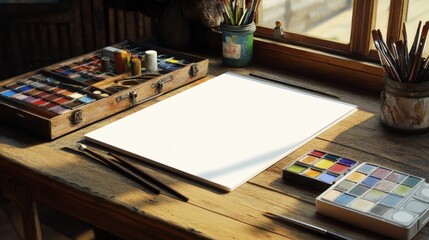Artist's workspace: wooden desk, watercolor paints, brushes, and color tablets in a case. White paper sheet and blank paper mockup for painting.