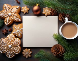 christmas greeting card mockup scene featuring decorated gingerbread cookies a cup of warm beverage white bauble and snowy pine branches perfect for winter holidays