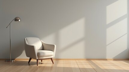 Minimalist Wooden Living Room with Beige Armchair and Modern Lighting in 4K. Modern Wooden Living Room Interior with Armchair and Slim Metallic Floor Lamp.