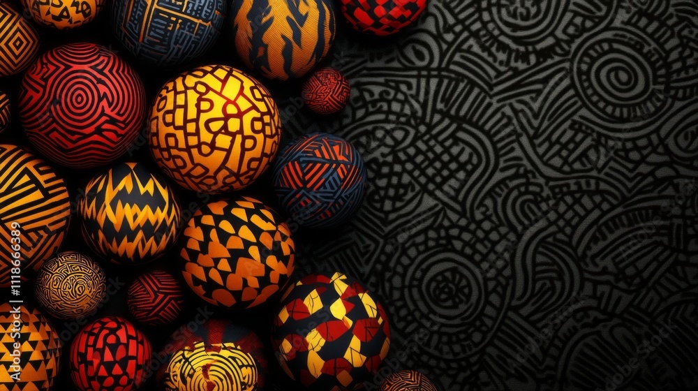 Poster Colorful spheres with traditional patterns gather on a textured black backdrop, creating a captivating display of culture and artistry that draws in the viewer