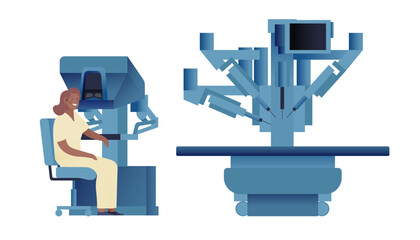 Robotic Surgical Assisted System. Medical Equipment. Female Medical Specialist. Modern Flat Vector Illustration.