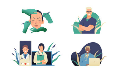 Set of Modern Flat Medical Insurance Illustrations. Medical Specialist, Cosmetic Surgery, Medical Appointment Through Laptop and Smartphone, Call Center.