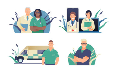 Set of Modern Flat Medical Insurance Illustrations. Medical Specialists, Telemedicine, Call Center, Ambulance Transport.