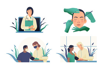 Set of Modern Flat Medical Insurance Illustrations. Medical Appointment, Cosmetic Surgery, Blood Pressure Procedure.