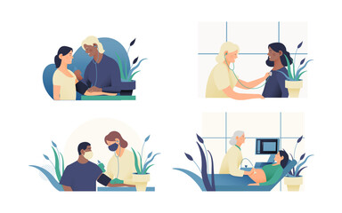 Set of Modern Flat Medical Insurance Illustrations. Blood Pressure Test, Ultrasonography Procedure, Cardiac Auscultation in Medical Office.