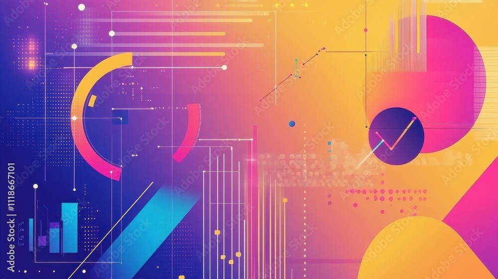 Poster abstract digital design featuring colorful geometric shapes and data visualizations.