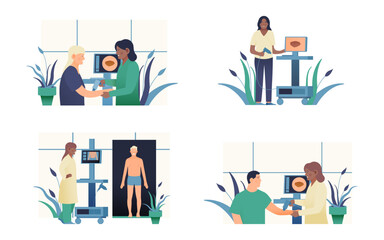 Set of Modern Flat Medical Insurance Illustrations. Dermatoscopy, Skin Cancer Screening in Medical Office.