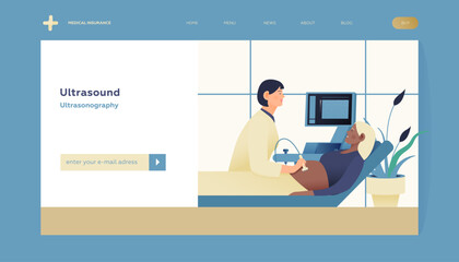 Ultrasonography Procedure. Doctor Examing Patient Pregnant Woman with Scanner in Medical Office or Laboratory. Modern Flat Vector Concept Illustration. Landing Page Design Template. Website Banner.