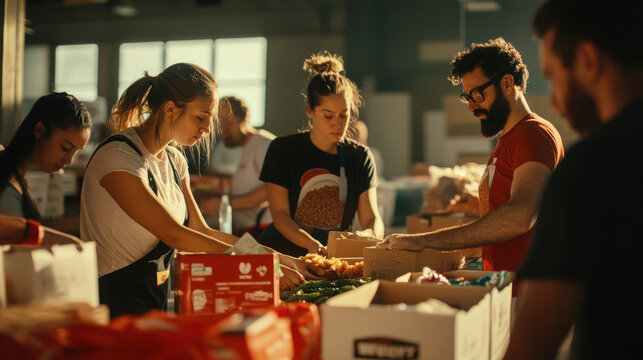 A group of diverse volunteers sorting through donations at a food bank, with a variety of food items spread out on tables.