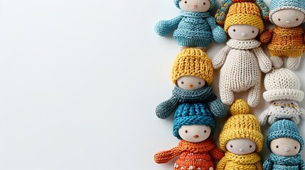 Fototapeta premium knitted dolls in varied colors, grouped along white background, minimal composition, cozy handmade design, soft woolen textures, playful decor, copy space