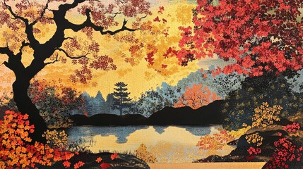 Autumnal scene adorned with Japanese-inspired motifs