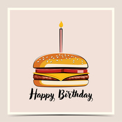 Funny happy birthday greeting card, poster, template, label with burger and candle on light pink background, vector illustration