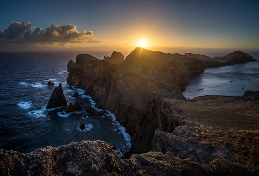 Panoramic view of Ponta de Sao Lourenco at sunrise, Canical, Madeira