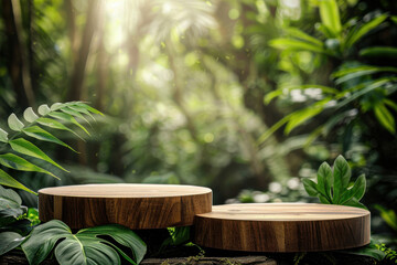 Natural Wooden Podium in a Tropical Green Paradise. Perfect for Product Displays with a Scenic Background. a wooden podium in the heart of a tropical forest, surrounded by greenery and natural light. 