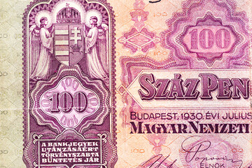 Fototapeta premium Vintage elements of old paper banknotes.Bonistics.Hungarian banknote at 100 pengos, 1930 year.Fragment banknote for design purpose.