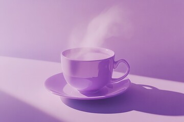 Fototapeta premium Lavender Cup with Ethereal Steam on Saucer, Purple Gradient Background for a Serene Look