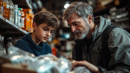 In a workshop filled with tools and supplies, a grandfather and his grandson closely examine various items, sharing knowledge and stories. The warm afternoon light creates a nostalgic atmosphere.