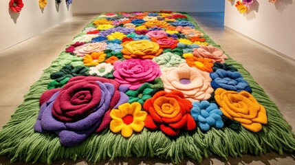 Colorful knitted flower garden art installation.