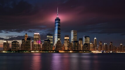 Fototapeta premium Night cityscape, skyscrapers, illuminated buildings, waterfront, harbor, twilight, downtown, metropolis, city, skyline, urban.