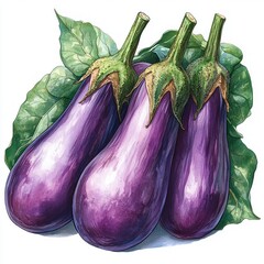 Three vibrant eggplants with green leaves, showcasing fresh produce.