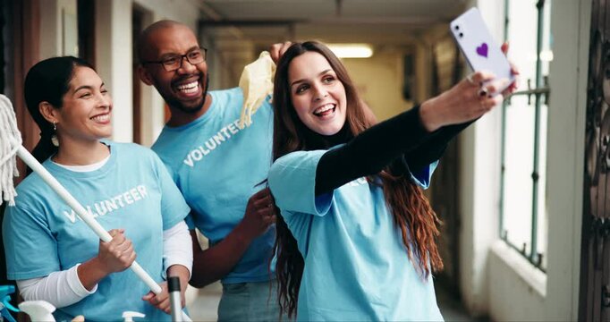 Selfie, volunteering and people with cleaning service, support and charity with unity. Group, profile picture and ngo with friends, community project and non profit with equipment, smile or teamwork