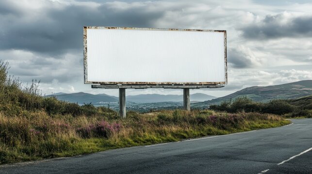 Billboard advertisement in South Wales, UK, featuring a panoramic landscape background with an empty, white billboard.