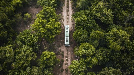 Aerial view of long road cutting through forest