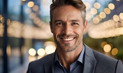 Joy on the face of a middle-aged man, a beautiful smile. A handsome man smiles sincerely, close-up.