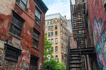 Fototapeta premium Urban alleyway featuring historic buildings and vibrant graffiti