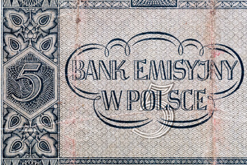 Vintage elements of old paper banknotes.Bonistics.Polish banknotes-5 polish zloty 1941.Fragment banknote for design purpose.