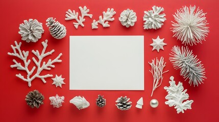 Blank white sheet and various Christmas decorations on red background