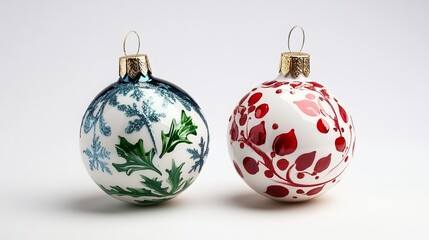 A festive duo of Christmas ornaments grace a pristine white backdrop. These cheerful decorations add a touch of holiday cheer with their vibrant hues and playful designs. 