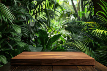 Fototapeta premium Wooden Podium in a Lush Tropical Forest. A Perfect Green Background for Product Presentation. a wooden podium set amidst a vibrant tropical forest. The surrounding greenery and natural light.