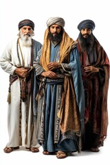 Naklejka premium Three men in patterned robes and head coverings.