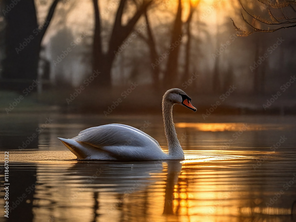 Poster An AI generated image of a swan in the early morning warm light. The generated image shows the swan in its would be natural setting. the warm glow on the water adds to the atmosphere