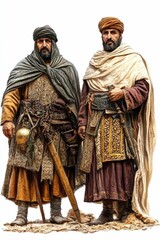 Obraz premium Two figures, ancient attire, desert setting.